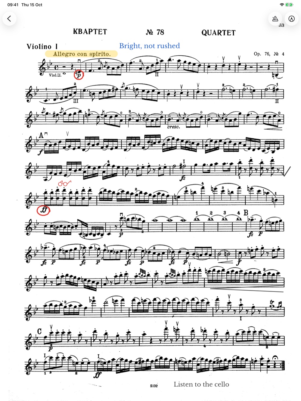 A Haydn violin part with pencilled bowings, circled dynamics and a highlighted tempo marking