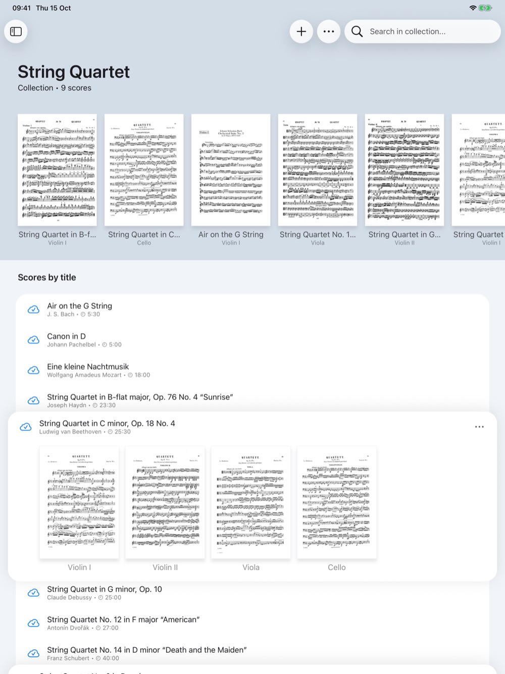 A string quartet collection with recently opened parts and one score expanded to its four parts