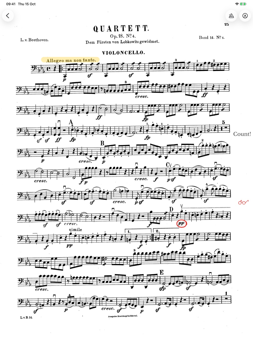A Beethoven cello part with a circled dynamic and margin notes